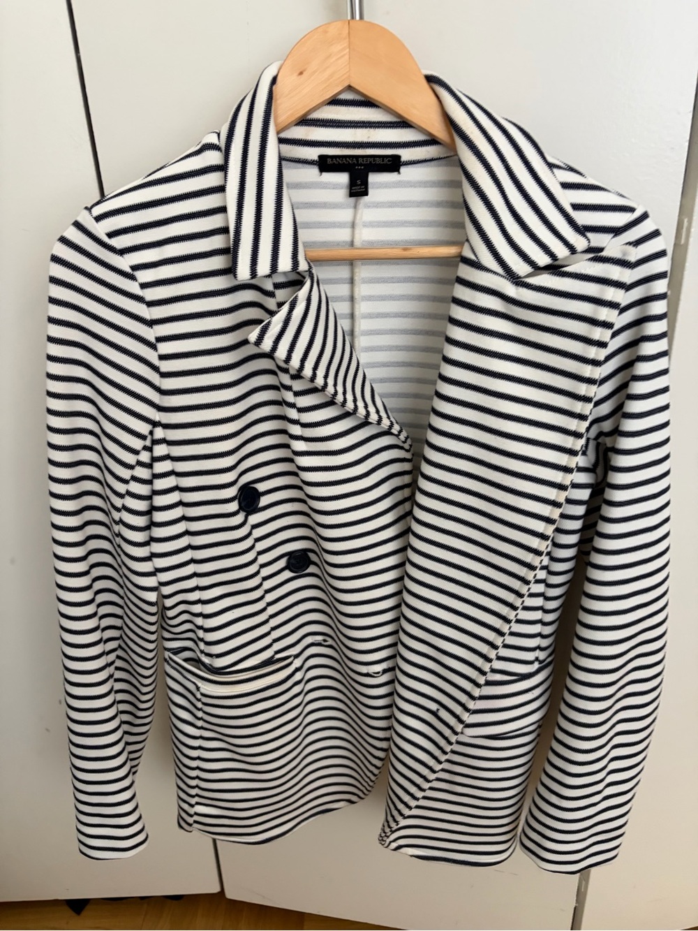Banana Republic Striped Double-Breasted Blazer in Navy and White
